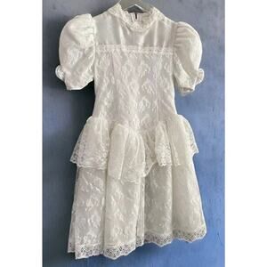 Vtg White Lace Victorian dress girls 7 Ruffle Puff Sleeve Saks 5th Avenue 1980s